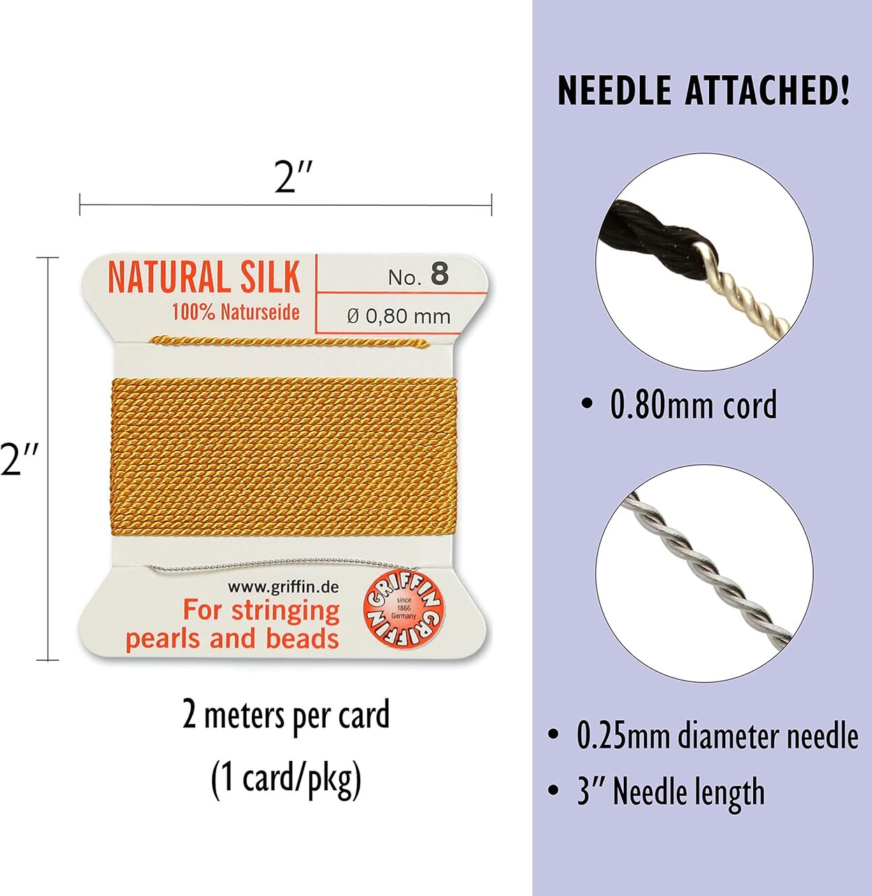 Griffin Silk Bead Cord Perlseide – Size 8 (0.80mm) – 2 Meters per Card – Stainless Steel Needle Attached – for Knotting Pearls, Gemstones, Crystals and Beads